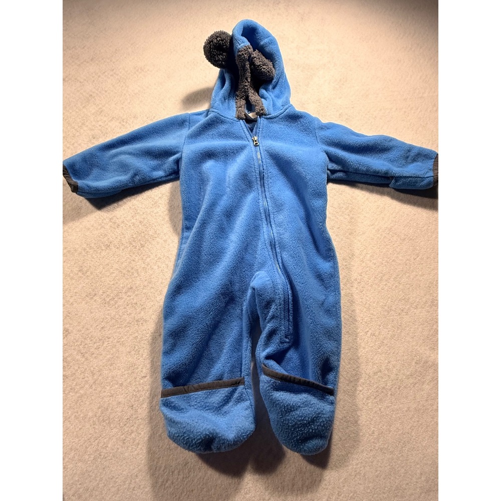Columbia Blue Fleece Bear Bunting Baby Romper Hooded One Piece 6-12 Months